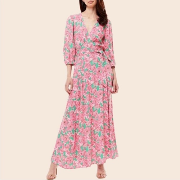 Love By Design Pink and Green Floral Maxi Dress Sz Large - Picture 1 of 8